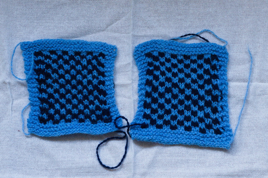 Two blocked colourwork swatches